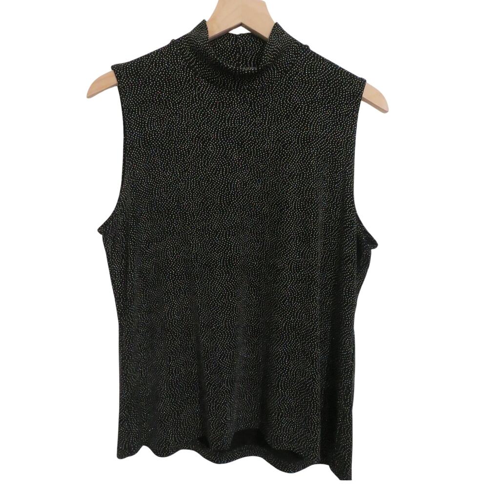 Vintage Amanda Women Sz Black Silver shimmer Sleeveless Mock Neck Top Y2K